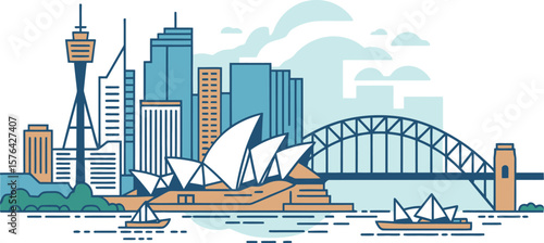 A stylized illustration of the sydney skyline featuring the opera house and harbour bridge view city