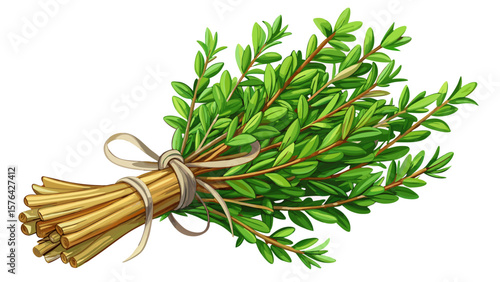  Close up Fresh thyme sprigs bundle culinary herb tied with twine isolated white background