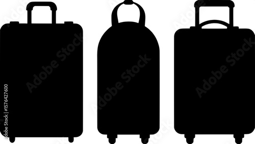 "Digital flat design of luggage items presented on a graphic design software screen. Shows three dark-blue profile views—a wheeled suitcase, a rounded-top backpack, and a structured rectangular backpa