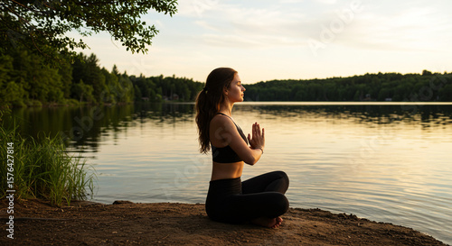 Fototapeta Naklejka Na Ścianę i Meble -  Woman in yoga pose by a tranquil lake at dusk