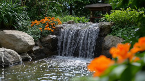 AI generator images of a serene Japanese garden with torii gates and lanterns, Japanese style and a lake in the middle of the forest.