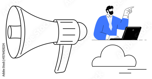 Megaphone symbolizing communication, a businessman at a desk pointing as a leadership gesture, with a cloud element. Ideal for teamwork, business growth, leadership, digital strategy, cloud