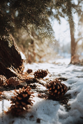 Wallpaper Mural Winter sunlight illuminating pine cones resting near pine tree trunk on snow covered woodland ground Torontodigital.ca