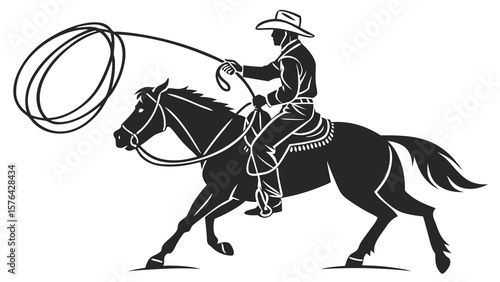 Cowboy riding horse vector silhouette with lasso for western rodeo and equestrian sport design element