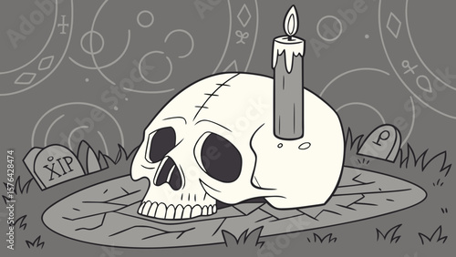 Skull candle graveyard occult halloween spooky pagan witchcraft ritual death horror illustration art