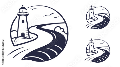 Lighthouse coastal landscape vector design for travel company logo with ocean view and sea birds art 100