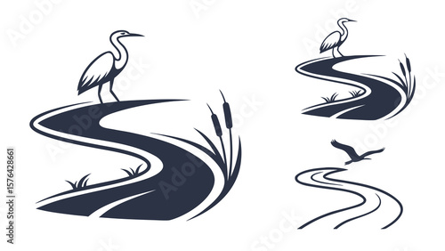 Heron river logo design vector illustration nature bird wildlife water reed pond graphic template design