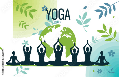 International yoga day illustration with silhouettes in meditation poses and floral elements