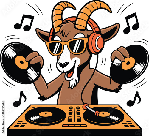 Cool goat D J playing records with headphones and sunglasses music