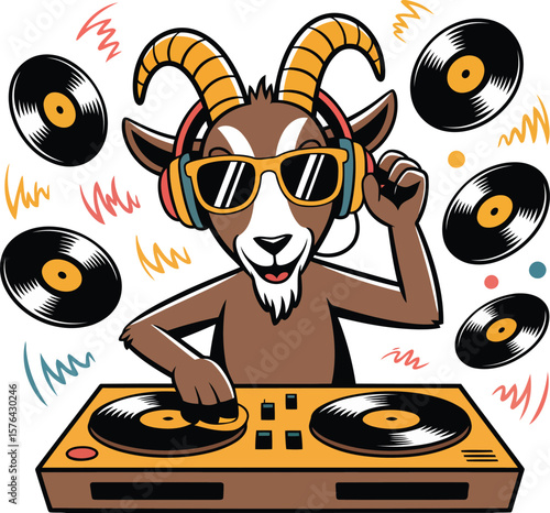 Cool goat dj spinning records wearing headphones and sunglasses music vinyl