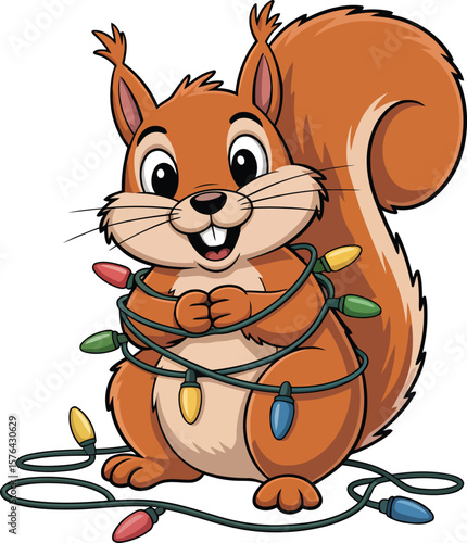 Cute squirrel entangled in colorful Christmas lights cartoon animal