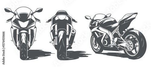 Monochrome Vector Illustration of Sport Motorcycles Front and Side View Isolated on White Background Perfect for Graphic Design and Automotive Enthusiasts