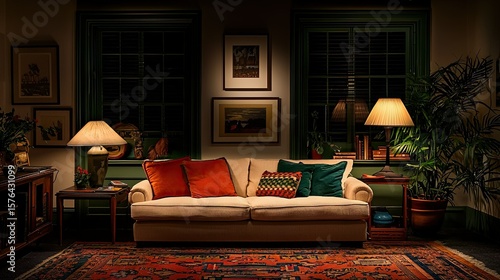 Interior of a dimly lit living room with antique furnishings.