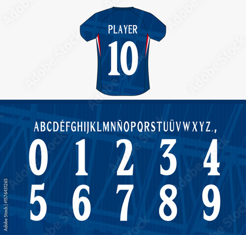 Sport-style vector font set for football shirts. Includes uppercase letters, numbers, and signs. Perfect for athletic wear, uniforms, and fashion graphics.