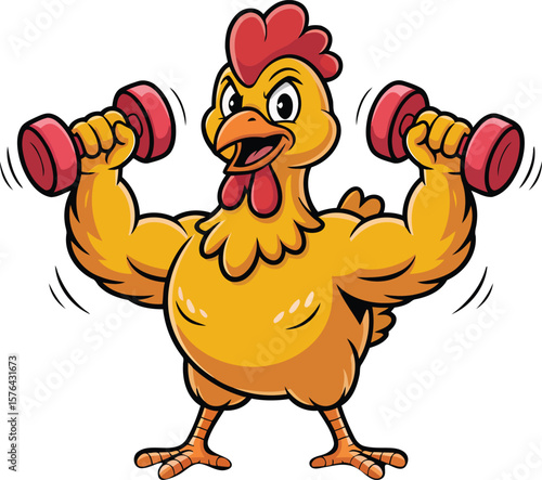 Muscular yellow chicken lifting red dumbbells with determination fowl bird