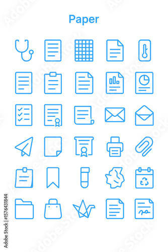 A collection of light blue line icons depicting various paper-related items and documents.