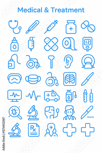 Medical icons collection in blue, featuring healthcare, treatment, and diagnostic symbols.