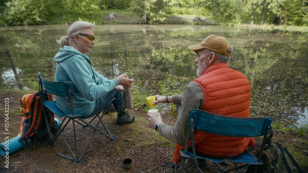 Slowmo of senior Caucasian couple of tourists sitting on camping chairs by pond and resting after long hike in forest, pouring tea from thermos bottle and enjoying scenery together Slowmo of senior Caucasian couple of tourists sitting on camping chairs by pond and resting after long hike in forest, pouring tea from thermos bottle and enjoying scenery together