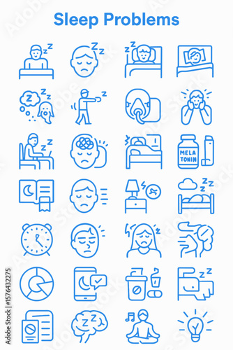 A collection of blue line icons representing various sleep difficulties and solutions.
