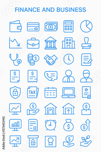 Collection of simple, blue line icons representing finance and business concepts.