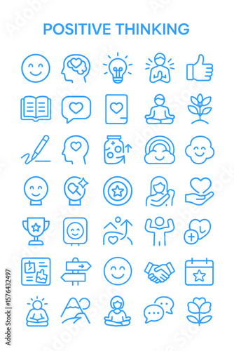 Collection of blue line icons illustrating concepts related to positive thinking and well-being.
