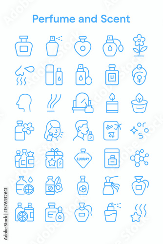 Collection of elegant, minimalist blue line icons representing perfume and scent-related concepts.