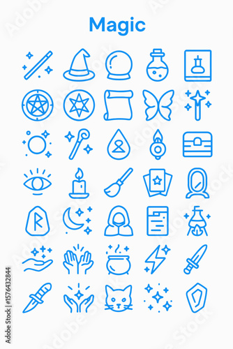 A collection of outlined, blue icons representing magic, including a wand, hat, potion, crystal ball, and other mystical symbols.