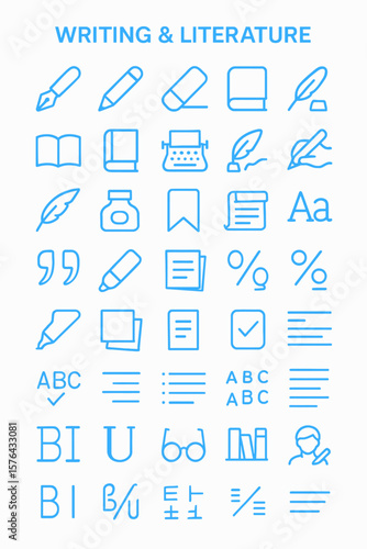 Collection of line art icons representing writing and literature, including pens, pencils, books, and text formatting tools.