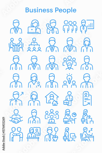 A collection of blue outlined icons depicting various business people and activities.