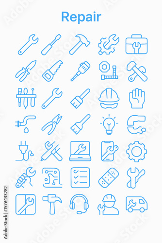 A collection of illustrated repair tools and equipment icons, arranged in a grid.