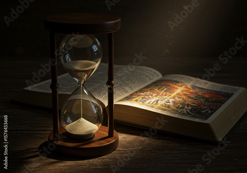 Hourglass and open Bible representing the end times 