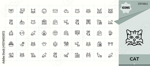 Cat icon set in linear style. Animal modern icon set. Collection of simple line web icons. Featuring pets, pet, paw, animal, domestic, kitten and more. Editable stroke.
