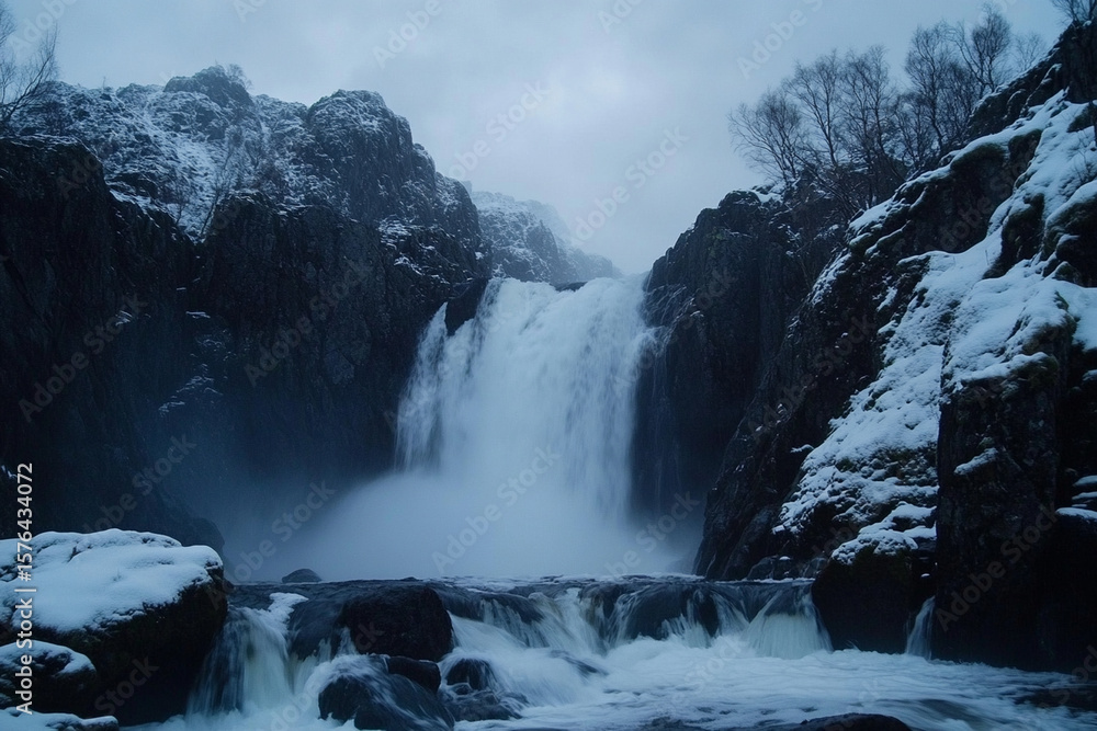 Fototapeta premium Waterfall cascading through rocky landscape in winter twilight