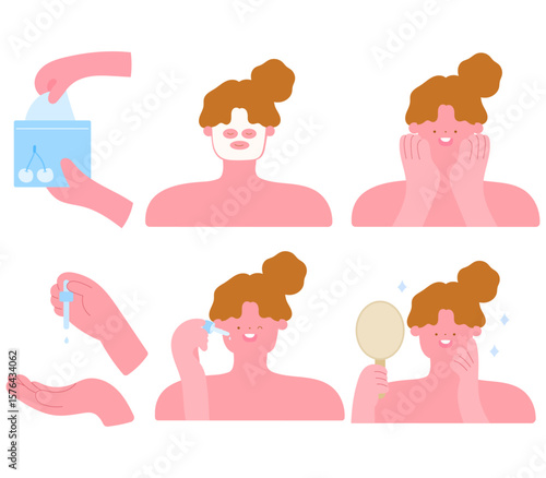 set of skincare routine with woman applying mask, facial massage and using serum