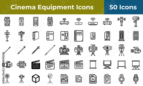A collection of fifty cinema equipment icons featuring cameras and recording devices in outline style