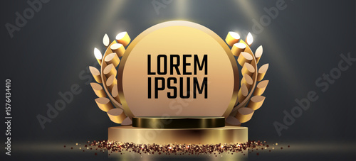 Award round podium with laurel wreath on dark background. Vector golden symbol of victory, achievement, success, rewarding of winner. Vector illustration