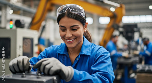 portrait of woman working happily on a industrial facility