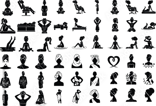 Spa Girl with Towel Silhouette – Beauty & Relaxation Icon Set Wellness Spa Female Icon – Towel Wrap Silhouette Vector Design