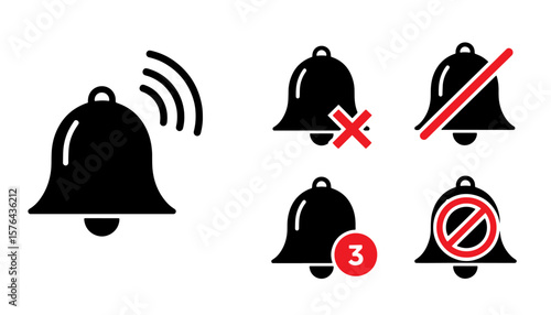 Vector collection of black bell icons with red notification badges, mute symbols, and vibration marks on white background