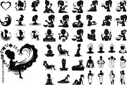 Spa Girl with Towel Silhouette – Beauty & Relaxation Icon Set Wellness Spa Female Icon – Towel Wrap Silhouette Vector Design