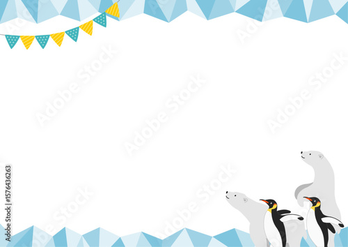白熊とペンギンがいる氷の横型のフレームイラスト_青_2
