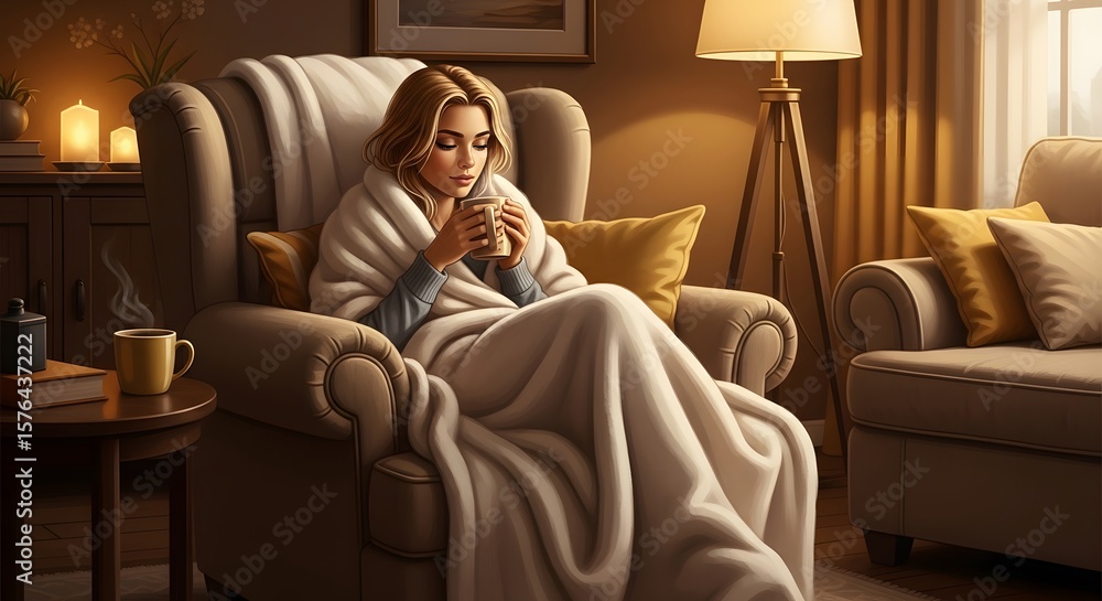 Obraz premium Woman wrapped in a blanket, sitting in an armchair, holding a mug in a cozy, warm living room.