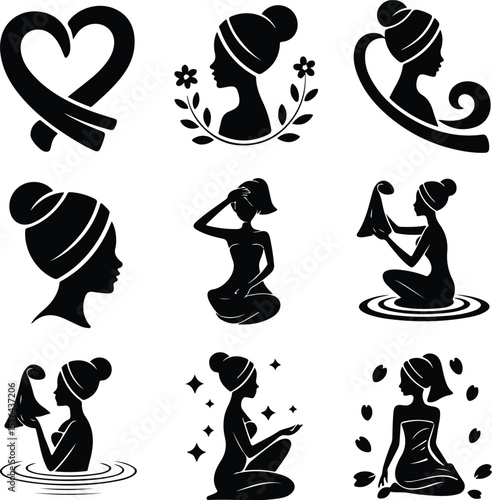 Spa Girl with Towel Silhouette – Beauty & Relaxation Icon Set Wellness Spa Female Icon – Towel Wrap Silhouette Vector Design