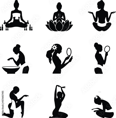 Spa Girl with Towel Silhouette – Beauty & Relaxation Icon Set Wellness Spa Female Icon – Towel Wrap Silhouette Vector Design