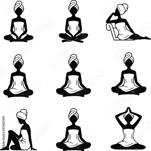 Spa Girl with Towel Silhouette – Beauty & Relaxation Icon Set Wellness Spa Female Icon – Towel Wrap Silhouette Vector Design