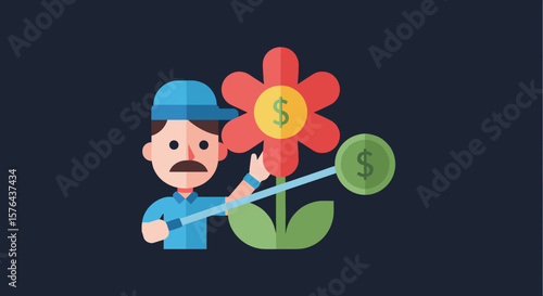 Cartoon gardener watering flower with dollar sign in green pot  