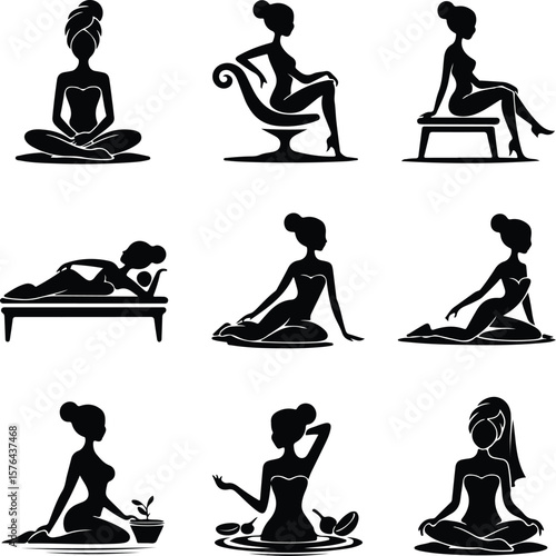 Spa Girl with Towel Silhouette – Beauty & Relaxation Icon Set Wellness Spa Female Icon – Towel Wrap Silhouette Vector Design