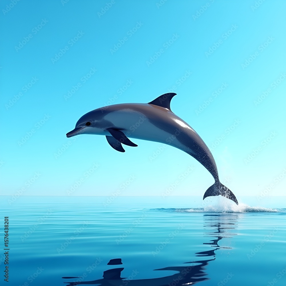 Obraz premium Single dolphin leaping from turquoise ocean under clear blue sky