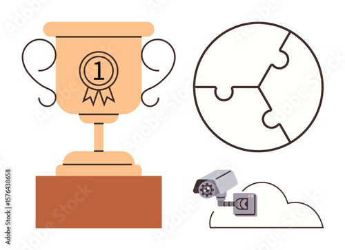 Golden trophy with ribbon symbolizing victory, circular puzzle pieces representing collaboration, security camera over cloud allude to surveillance. Ideal for success, teamwork, safety, achievement