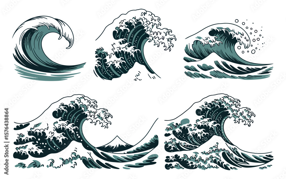 Obraz premium Collection of Japanese Style Ocean Wave Illustrations with Different Wave Shapes and Sizes on a White Background Perfect for Design Projects